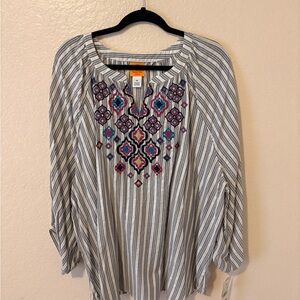Ruby Rd. Striped Peasant Tunic with Colorful Embroidery